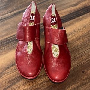 Fly London Red Yasi Wedge Mary Jane Platform Leather Shoes